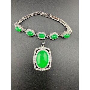 Modern‎ Green Bracelet Silver Tone Glass Rhinestone Link 7"